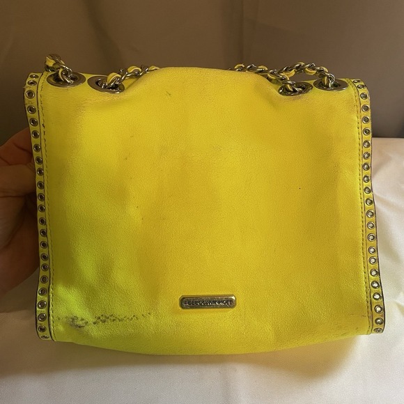 Rebecca Minkoff Bow Studded Shoulder Crossbody Bag Purse Neon Yellow Chain Strap - Picture 4 of 15